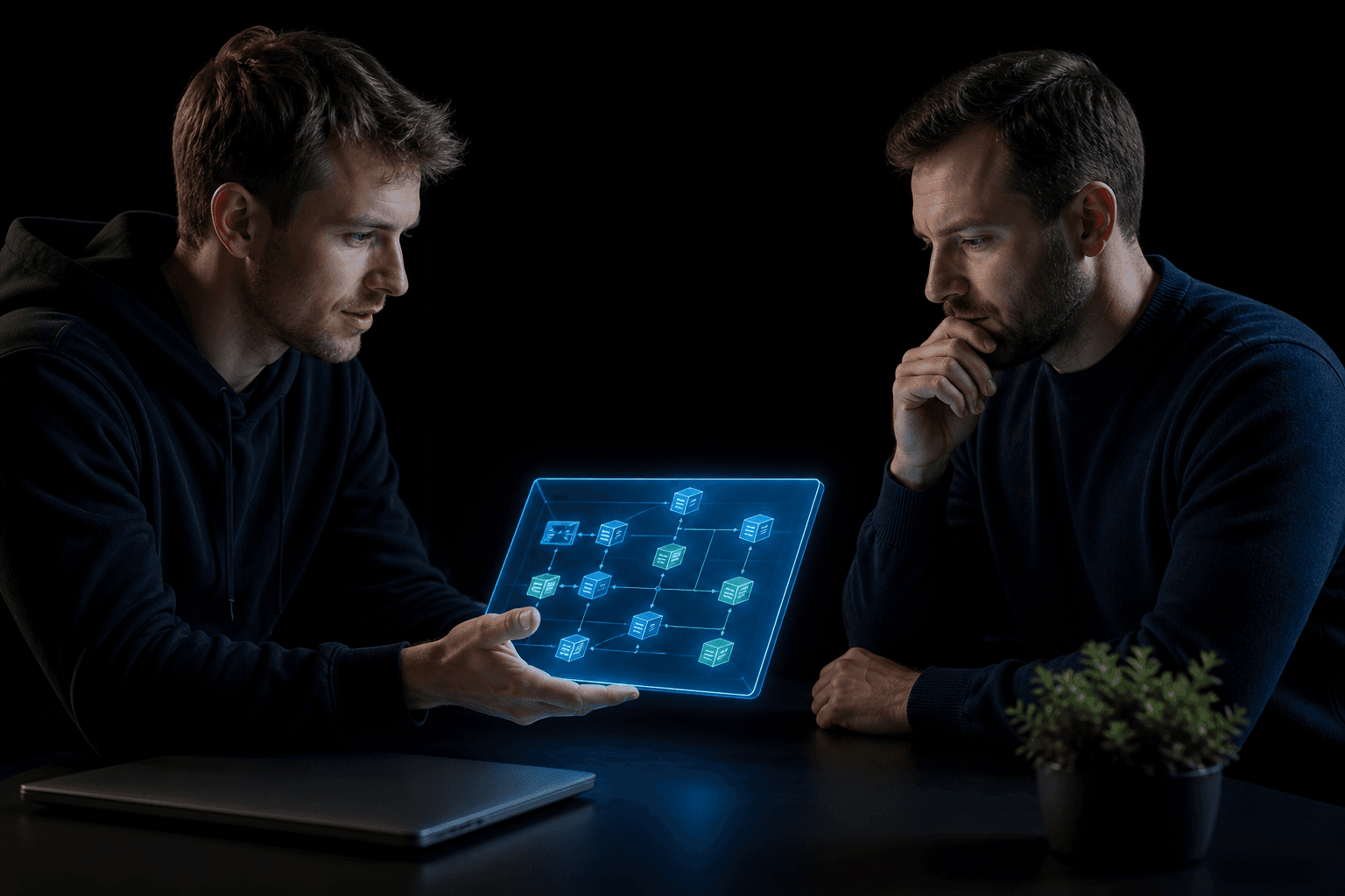 Freelance developer reviewing a living architecture diagram with a client during project handoff